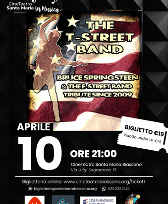 Locandina del concerto tributo a Bruce Springsteen con la band The T-Street Band al Cineteatro Santa Maria.