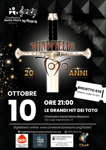 Locandina del concerto tributo ai Toto della band Mindfields al Cineteatro Santa Maria di Biassono