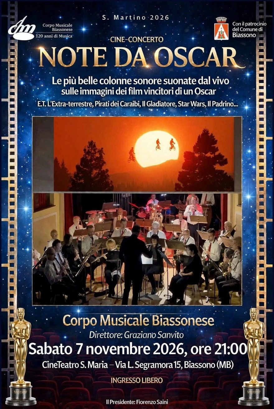 20261107 – Note da Oscar Locandina del cine-concerto Note da Oscar del Corpo Musicale Biassonese al Cineteatro Santa Maria.